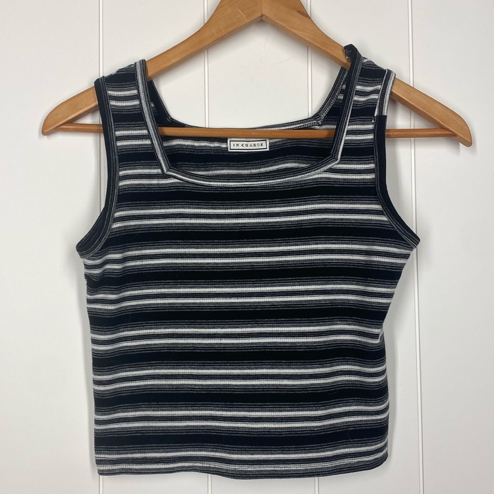 In Charge Black, Gray, White Stripe Crop Top